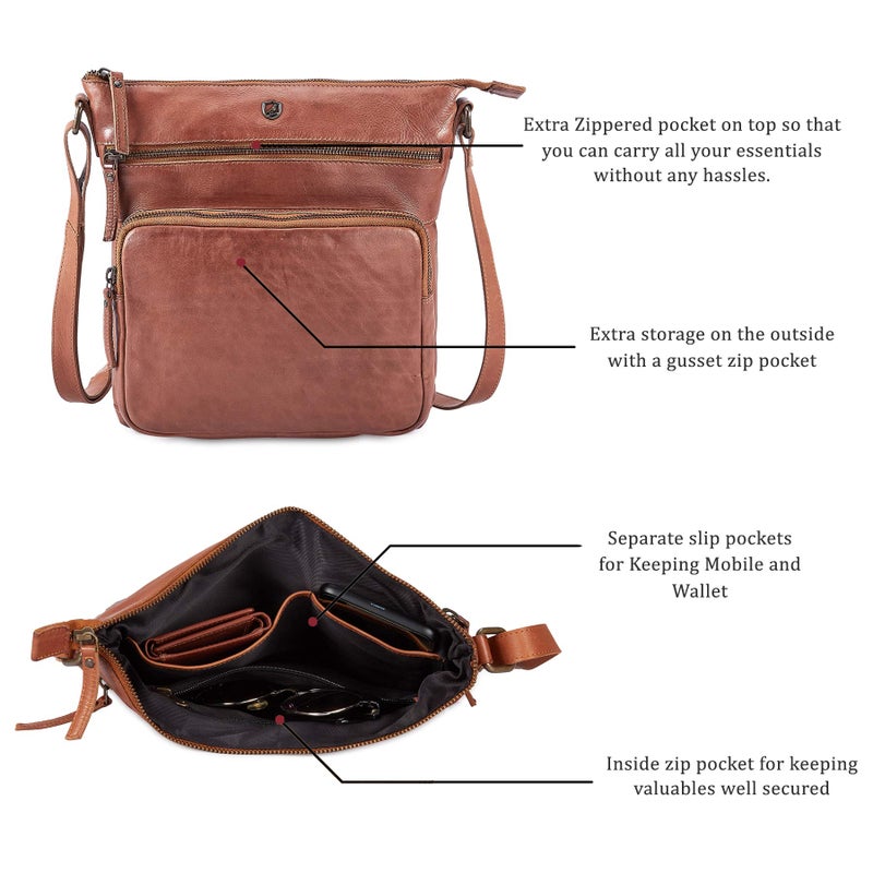 Cochoa Crossbody Bags for Women Real Leather Purse Handmade Vintage Crossover Shoulder Pocketbook (Cognac Washed Vintage) - Image 2